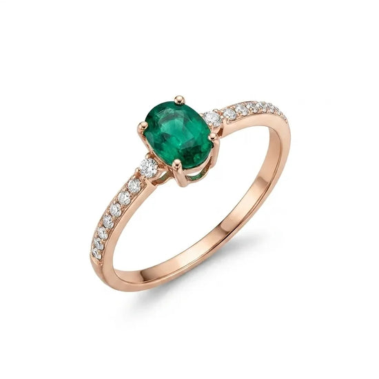 Rausvo aukso žiedas su ovaliu smaragdu ir briliantais