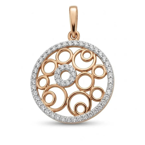 Raudono aukso apvalus pakabukas su cirkoniais ir apskritimų ornamentu