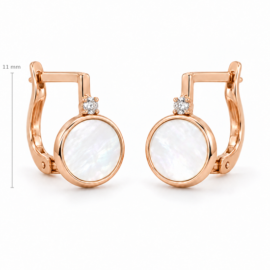 Auksiniai apvalūs auskarai su perlamutru ir cirkoniais – 11 mm