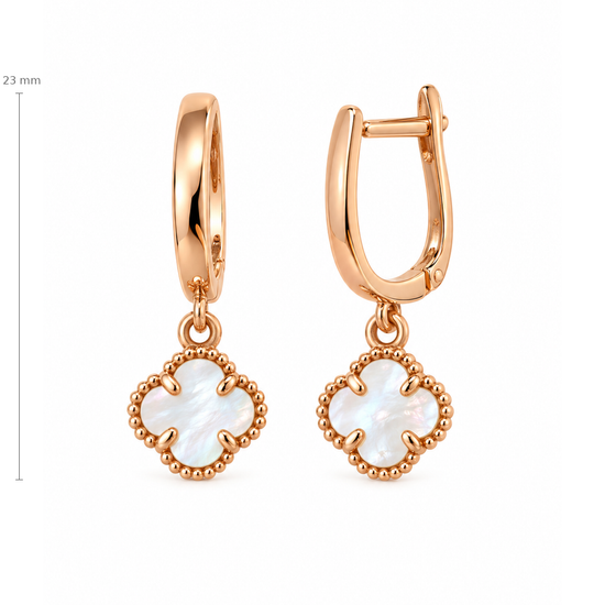 Auksiniai kabantys auskarai dobiliukai su perlamutru – 23 mm