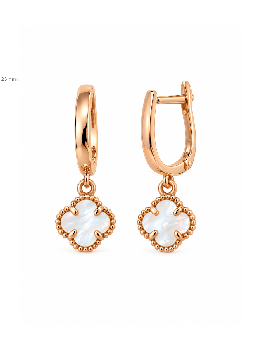 Auksiniai kabantys auskarai dobiliukai su perlamutru – 23 mm