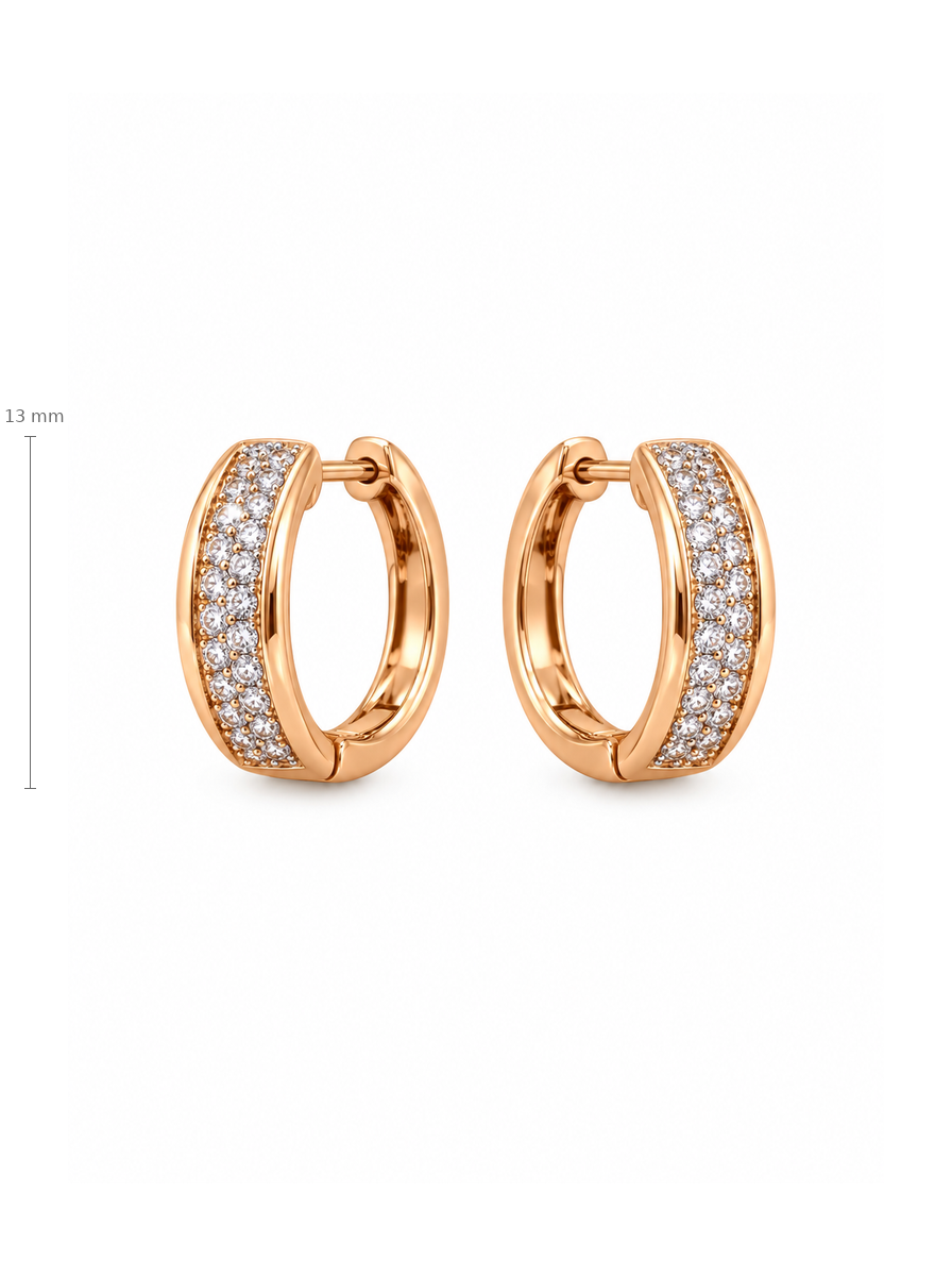 Auksiniai platūs auskarai lankeliai su cirkoniais – 13 mm