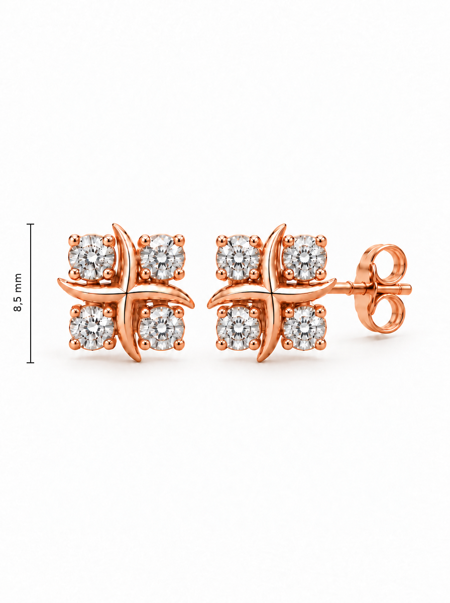 Raudono aukso auskarai vinukai su keturiais cirkoniais – 8.5 mm aukštis