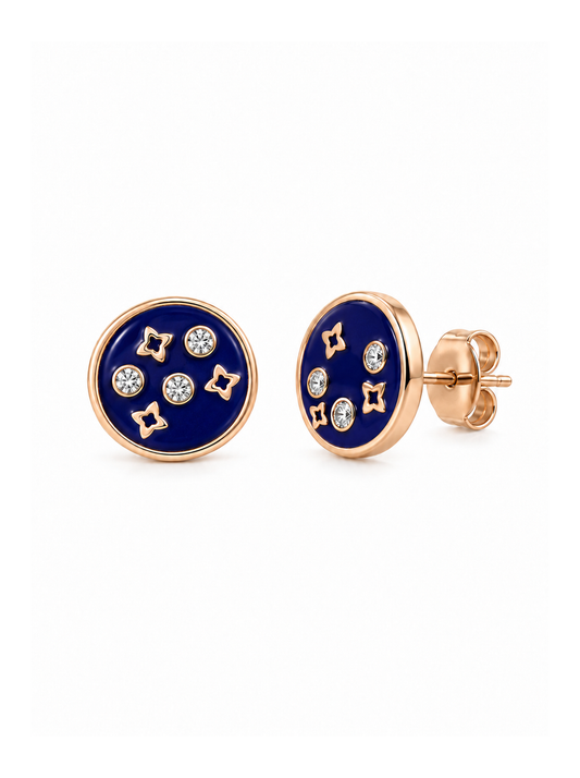 Auksiniai apvalūs auskarai vinukai su mėlynomis detalėmis ir cirkoniais