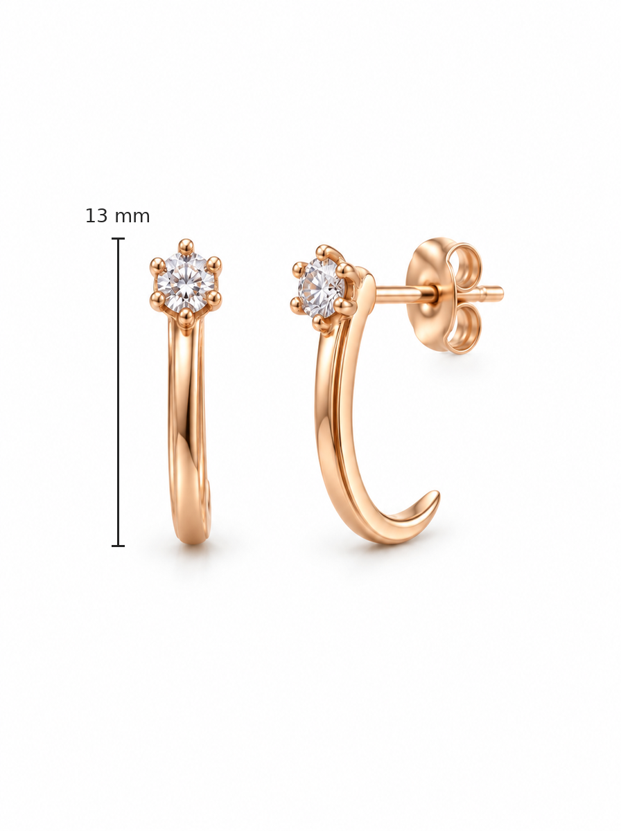 Auksiniai J formos auskarai vinukai su cirkonio akcentu – 13 mm bendro aukščio iliustracija