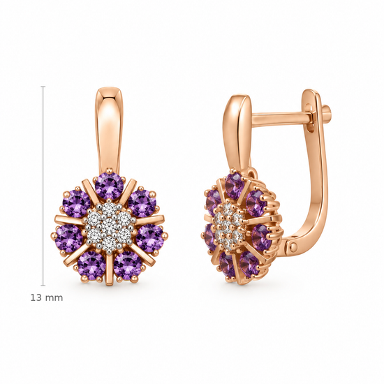 Auksiniai auskarai su violetinių cirkonių žiedu – dydis 13 mm