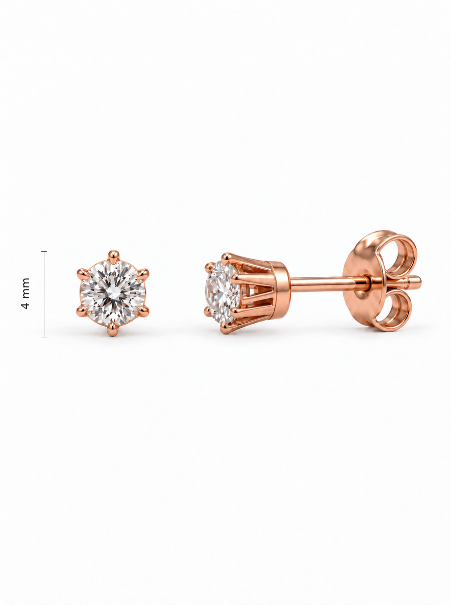 Auksiniai auskarai su cirkoniais – apvalūs šešių kojelių vinukai – 4.0 mm aukštis