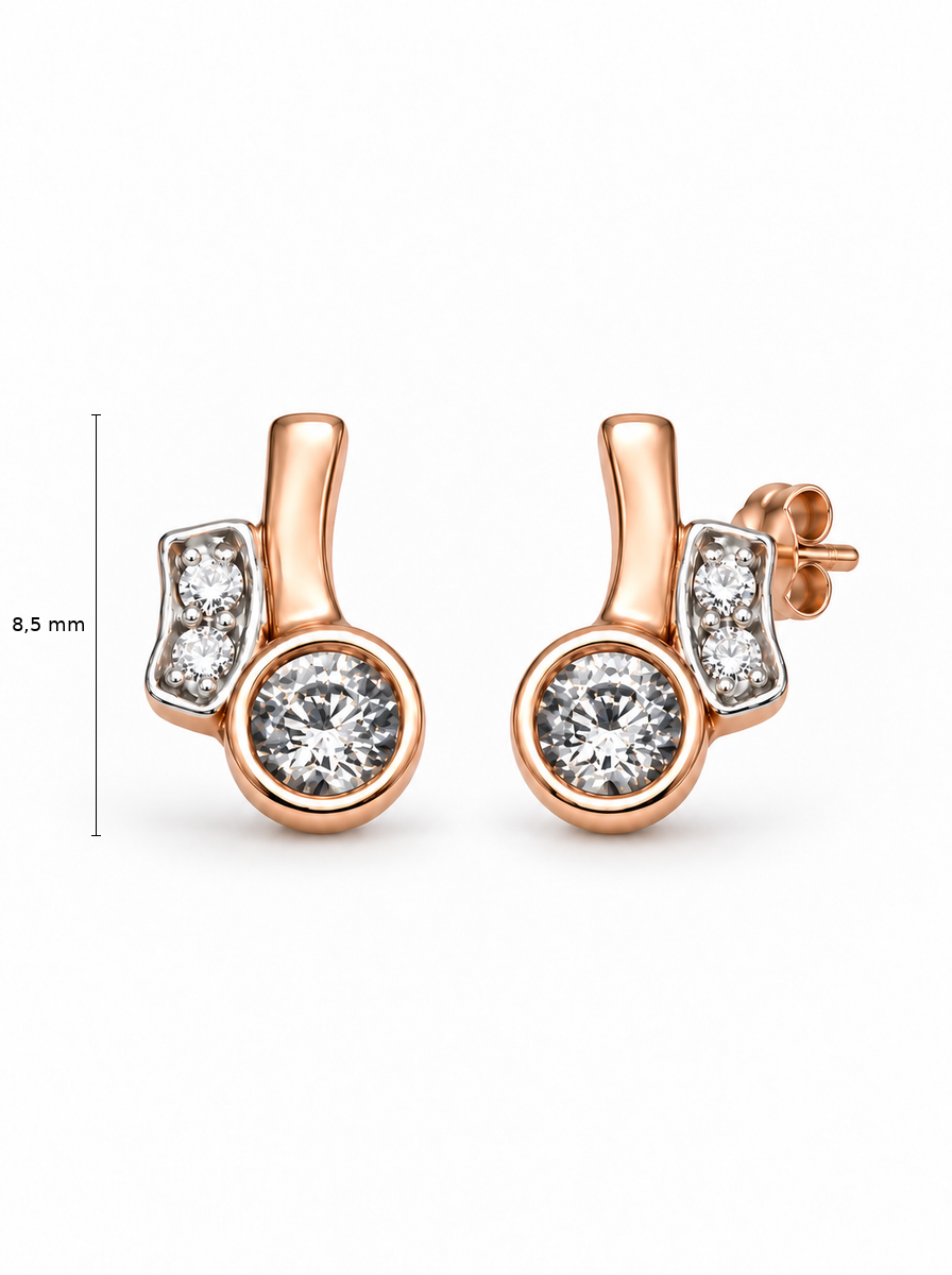 Auksiniai auskarai vinukai su apvaliais cirkoniais ir geometriniu motyvu – 8.5 mm aukštis