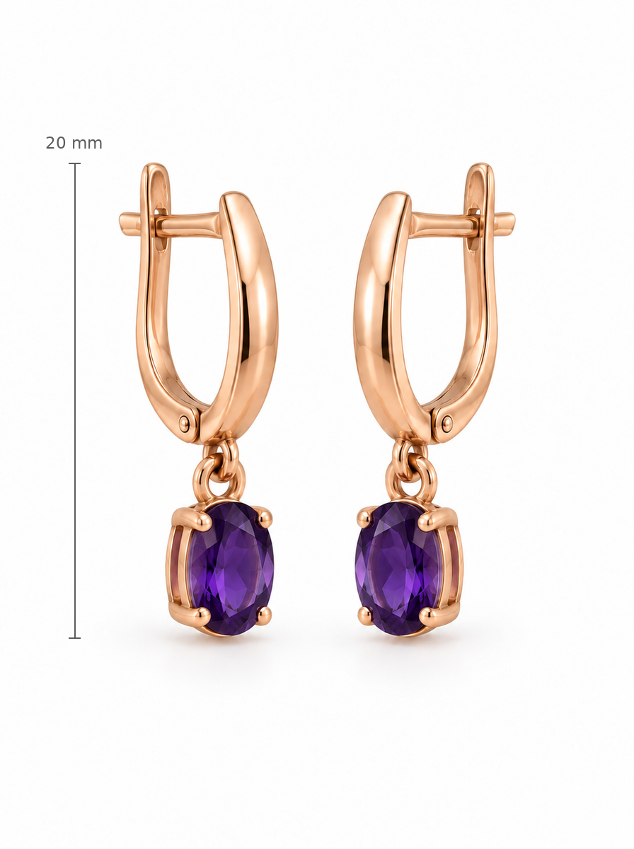 Auksiniai kabantys auskarai su violetiniais cirkoniais – dydis 20 mm