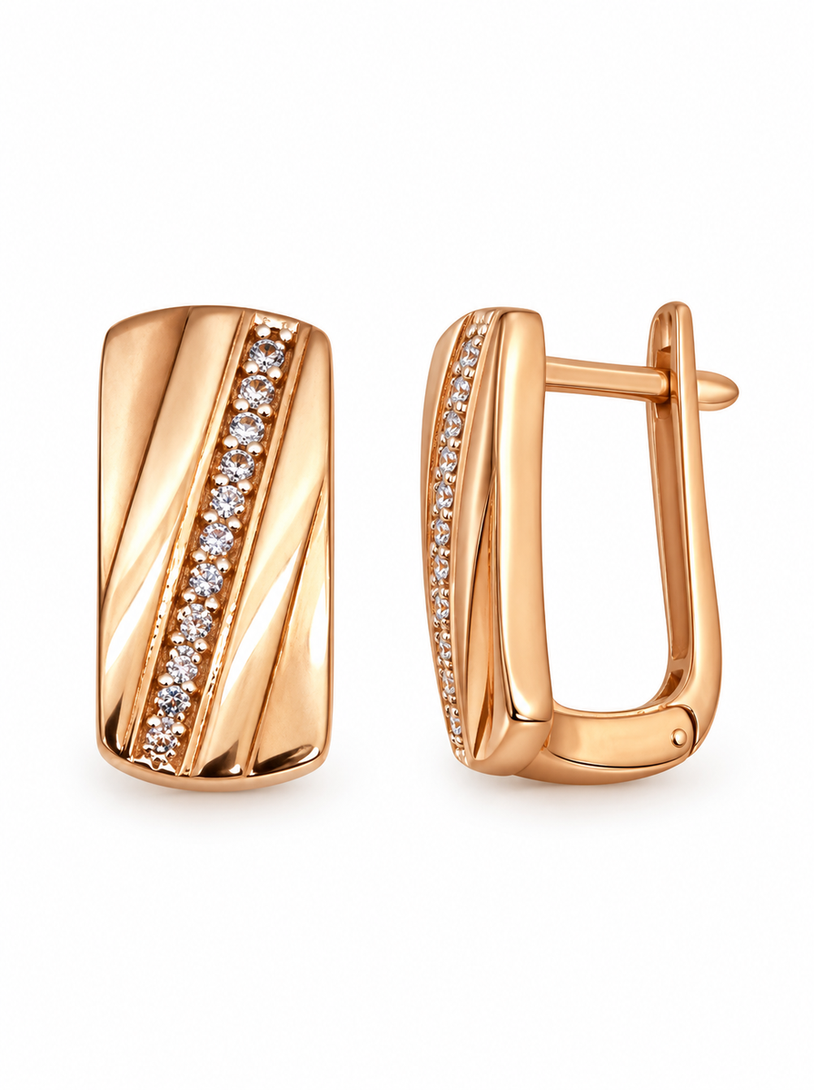 Auksiniai stačiakampiai auskarai su įstriža cirkonių juostele