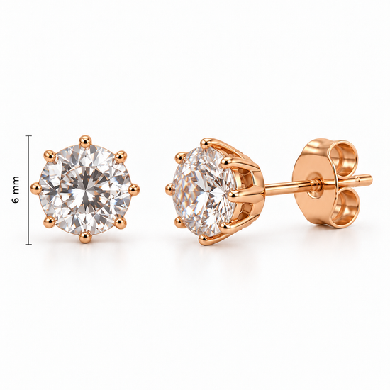 Raudono aukso auskarai vinukai su cirkoniais karūnėlėje – 6 mm aukštis